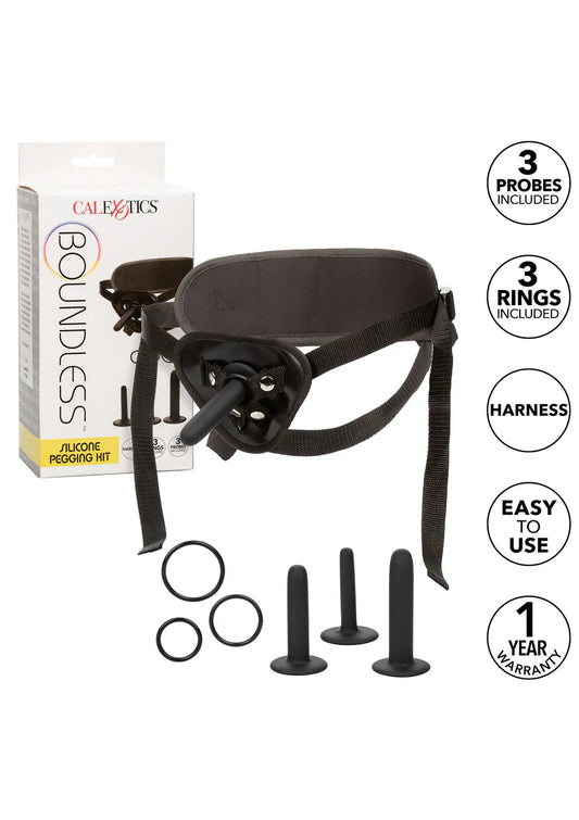 zwarte strapon met verschillende dildo opzetstukken