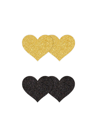 NS Novelties Pretty Pasties Glitter Hearts Black/Gold 2 Pair BLACK - 2