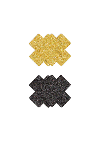 NS Novelties Pretty Pasties Glitter Cross Black/Gold 2 Pair BLACK - 2