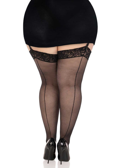 Plus Sheer Backseam Stockings with Lace Top BLACK O/S - 1