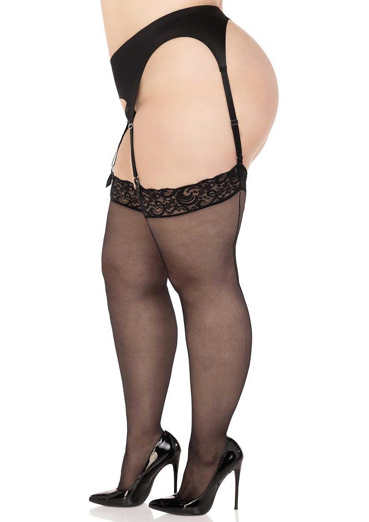 Plus Sheer Backseam Stockings with Lace Top BLACK O/S - 3