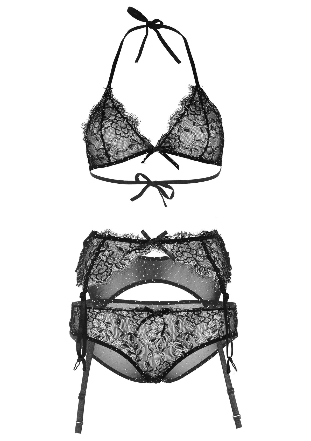 Bra and Panty Set with Lace Garter Belt BLACK L - 4