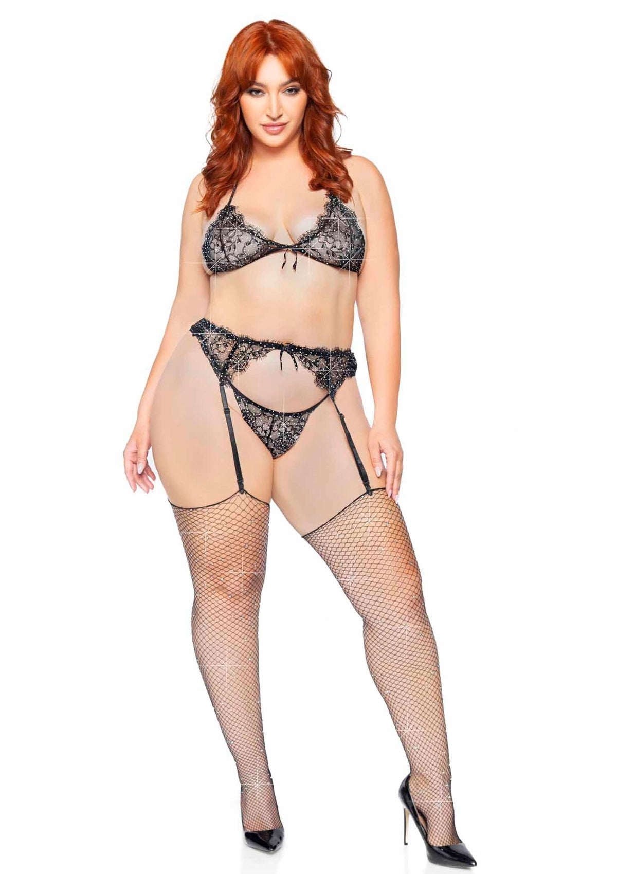 Plus Lace Bra Top, String and Garter Belt BLACK 1X/2X - 3