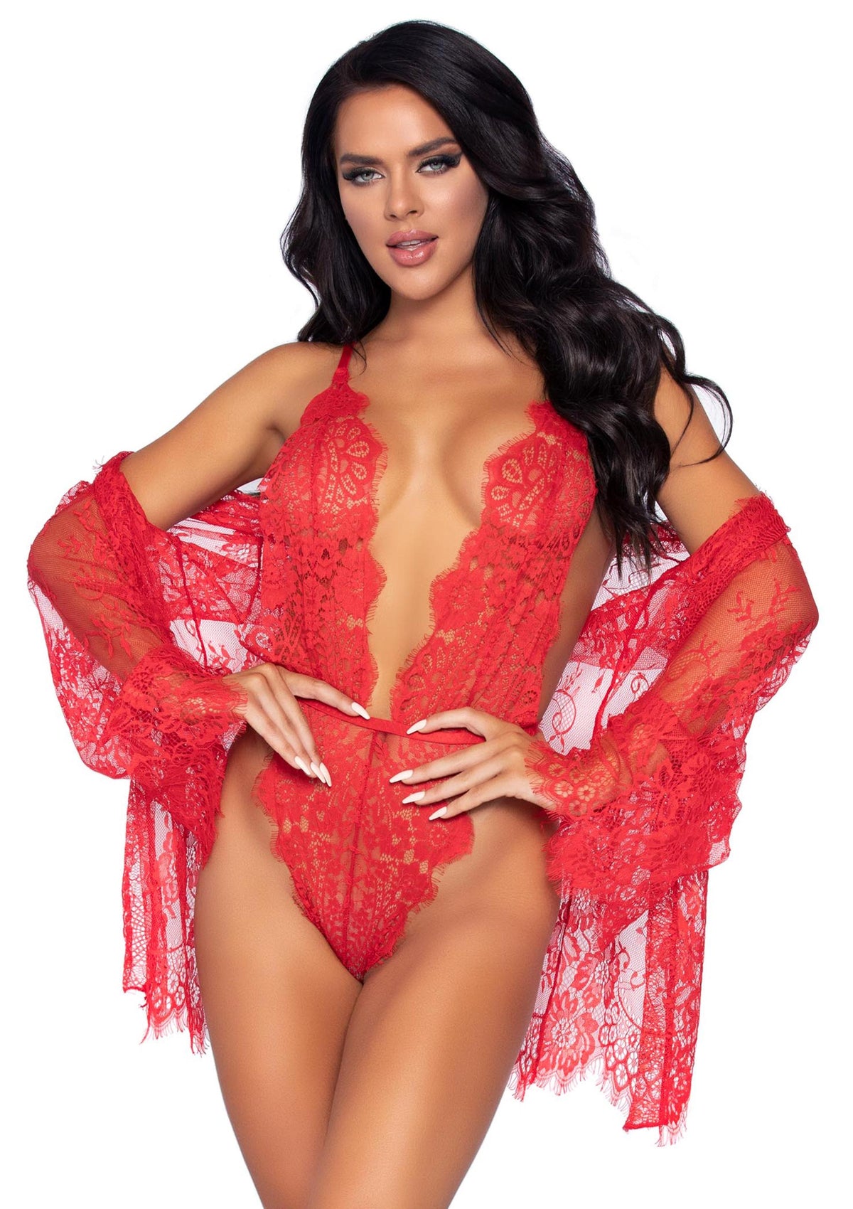 Teddy with Cheeky Thong and Lace Robe RED M - 0