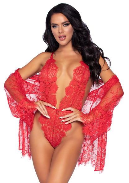 Teddy with Cheeky Thong and Lace Robe RED M - 0
