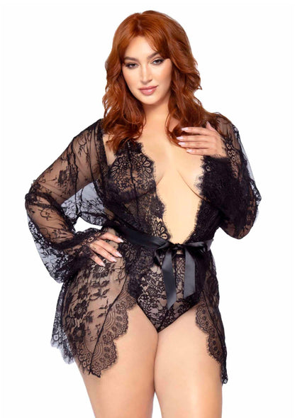 Plus Teddy with Cheeky Thong and Lace Robe BLACK 1X/2X - 0