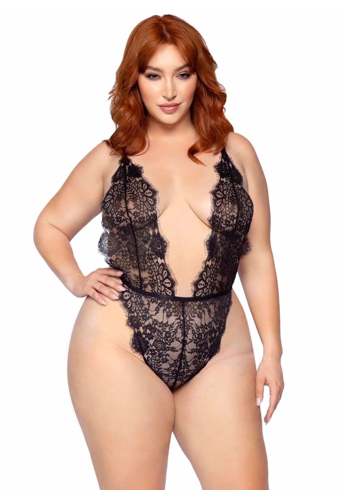 Plus Teddy with Cheeky Thong and Lace Robe BLACK 1X/2X - 2