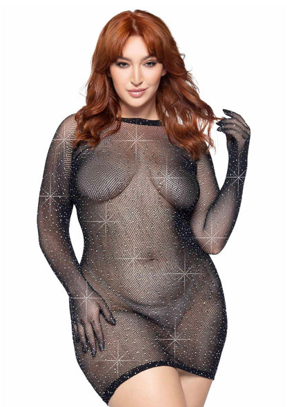 Plus Rhinestone Fishnet Gloved Mini Dress BLACK 1X/2X - 0