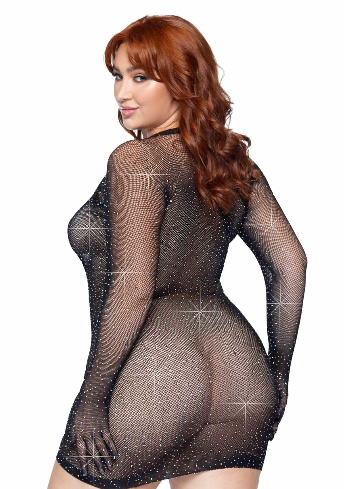 Plus Rhinestone Fishnet Gloved Mini Dress BLACK 1X/2X - 1