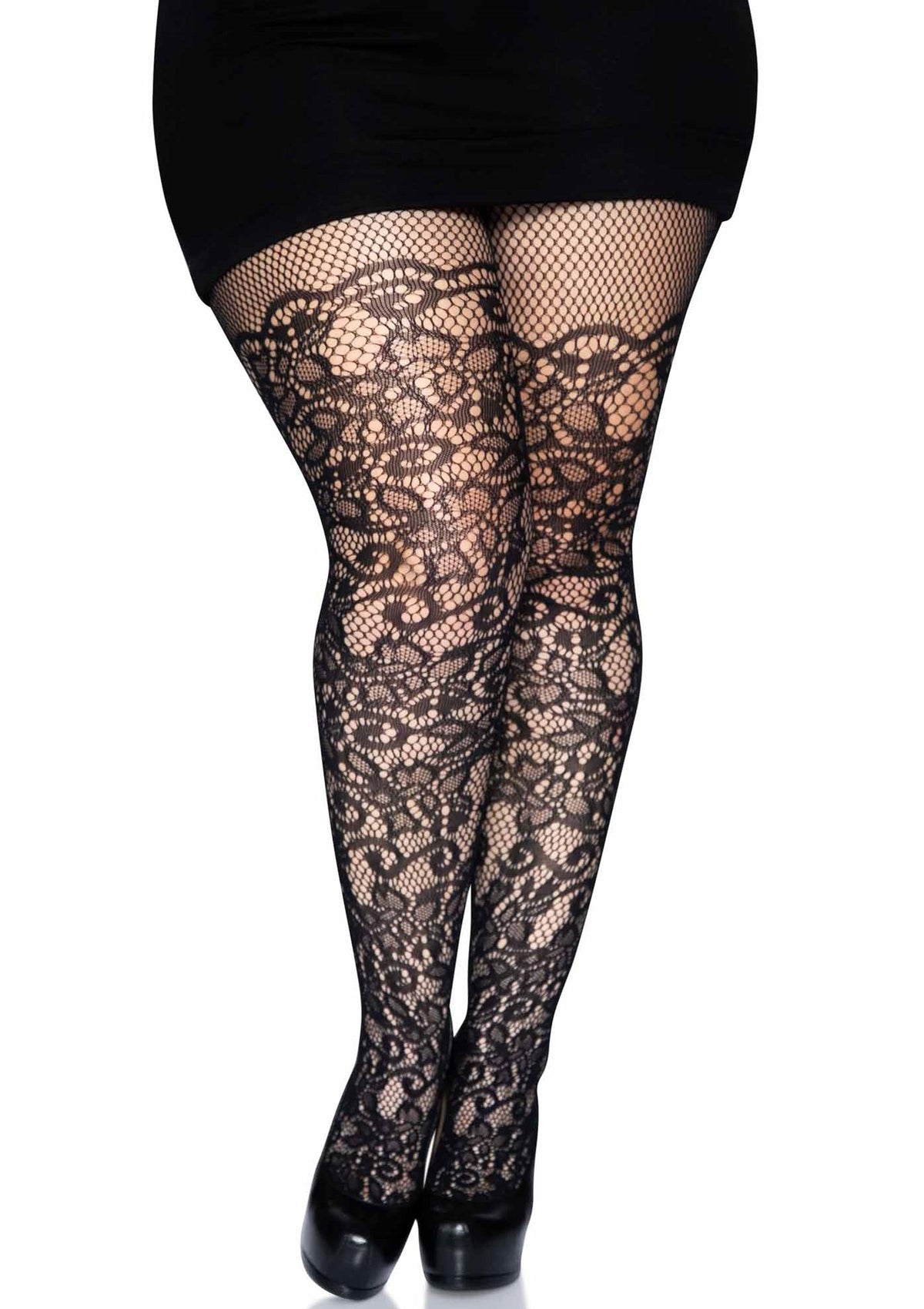 Plus Floral Vine Net Pantyhose BLACK PLUS - 0
