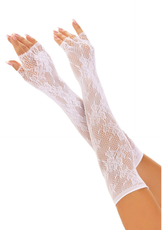 Opera Length Floral Net Fingerless Gloves - Wit