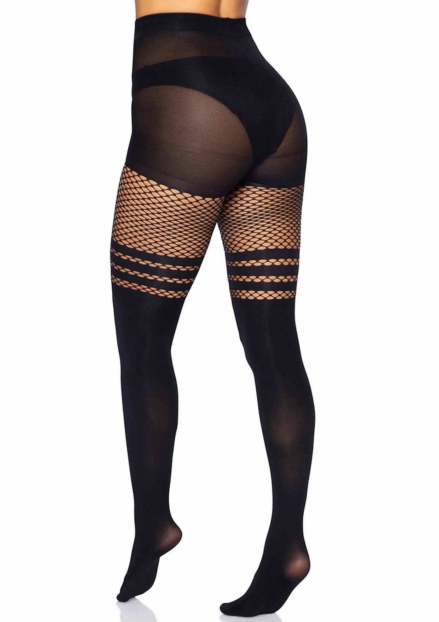 Leg Avenue Pantyhose With Fishnet Stripes BLACK O/S - 2