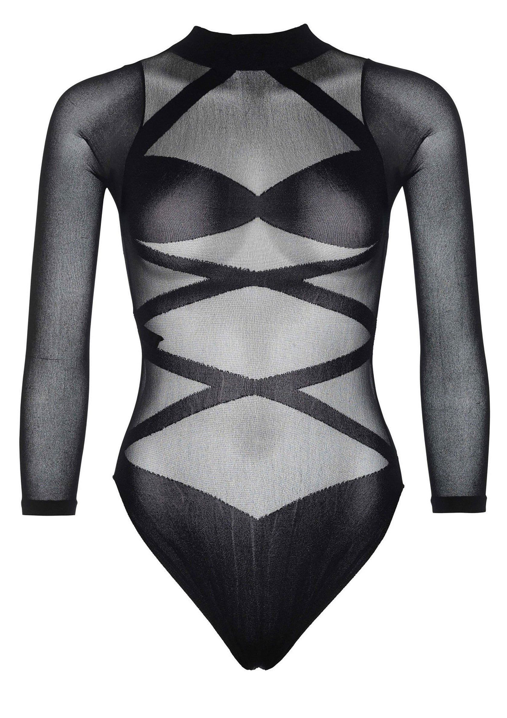 Opaque Criss Cross Bodysuit and Thigh Highs BLACK O/S - 1