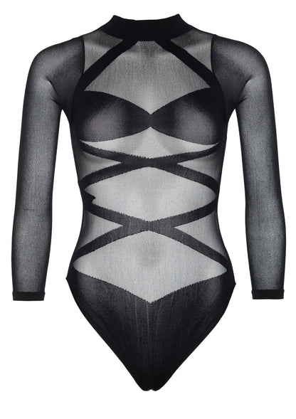 Opaque Criss Cross Bodysuit and Thigh Highs BLACK O/S - 1