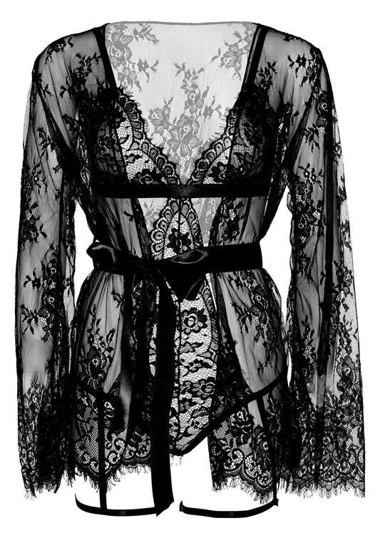 Leg Avenue Teddy, lace robe &amp; ribbon tie - Black
