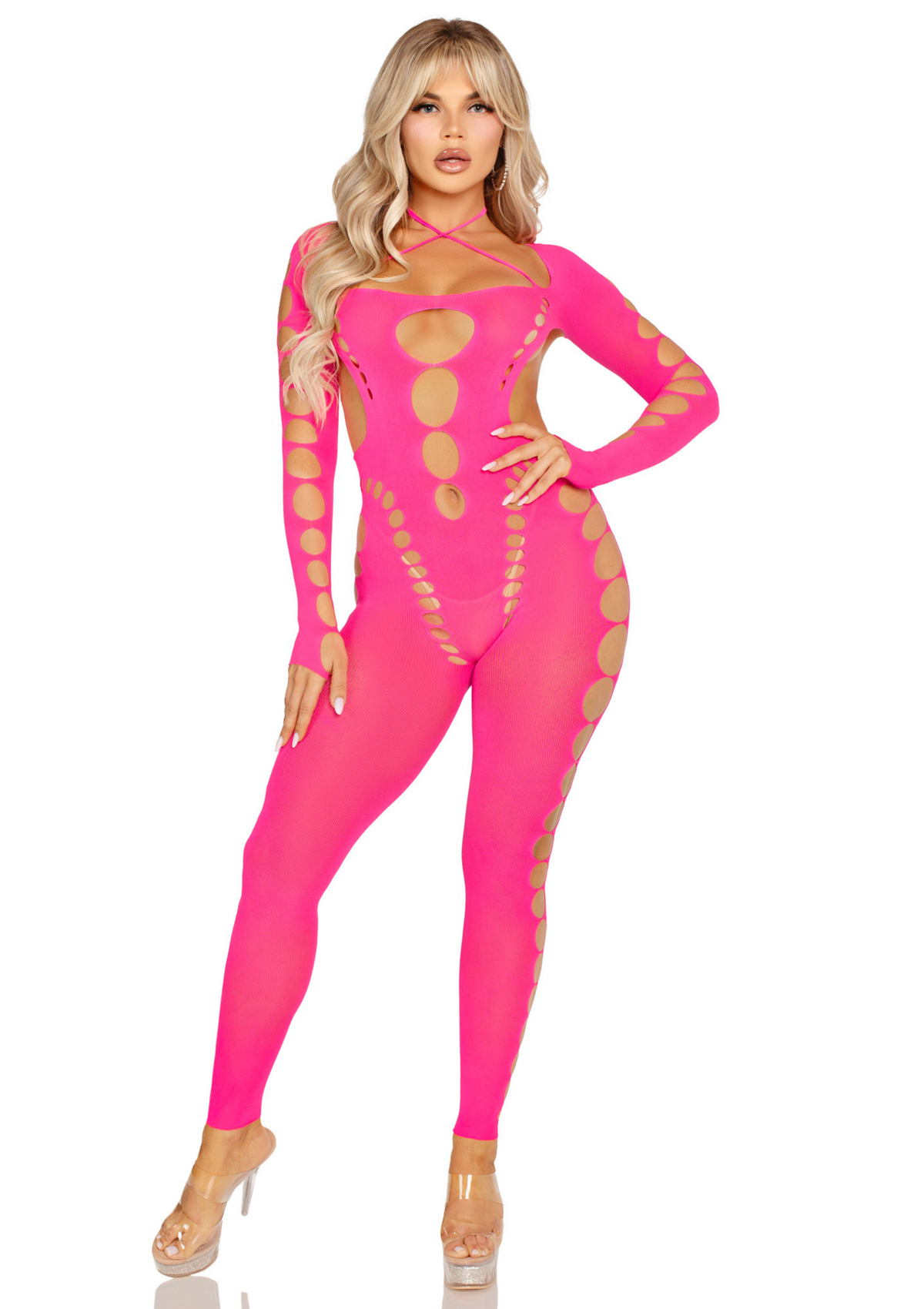Opaque Cut-Out Footless Bodystocking PINK O/S - 2