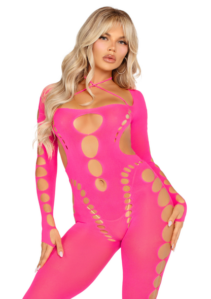 Opaque Cut-Out Footless Bodystocking PINK O/S - 0