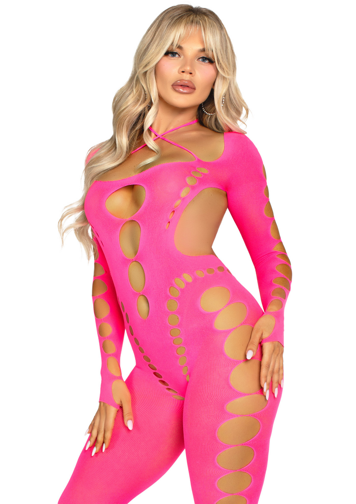 Opaque Cut-Out Footless Bodystocking PINK O/S - 3