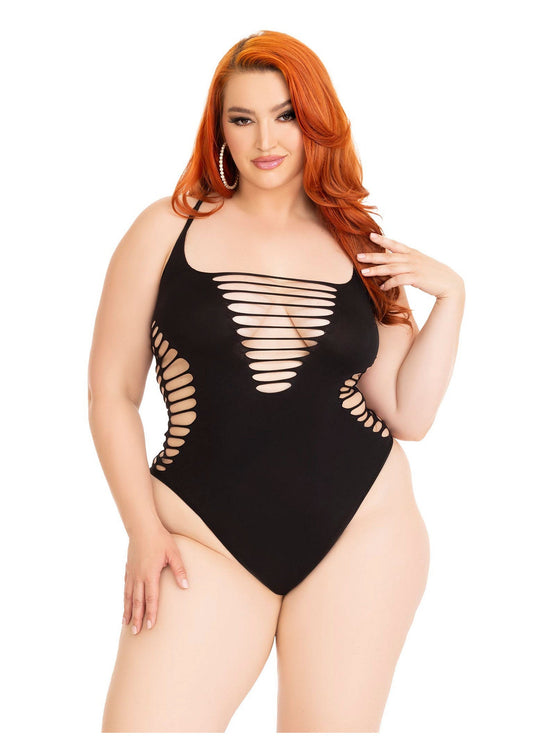 Plus Shredded Racer Back Thong Bodysuit - Zwart