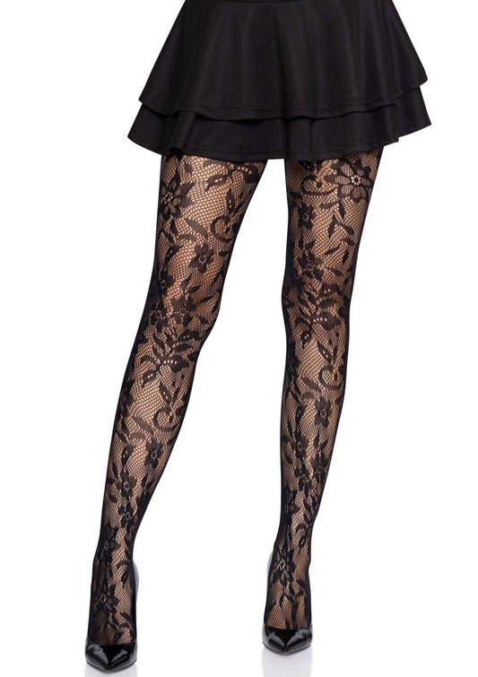 Leg Avenue Seamless Floral Lace Tights - Black