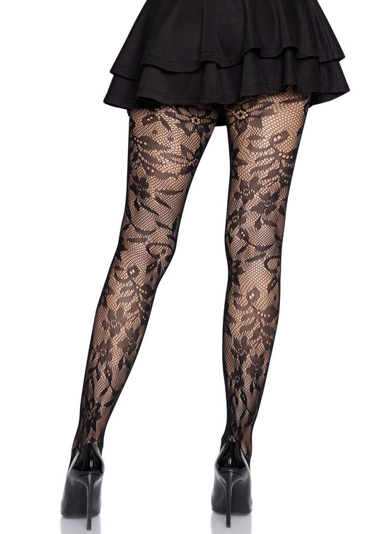 Leg Avenue Seamless Floral Lace Tights - Black