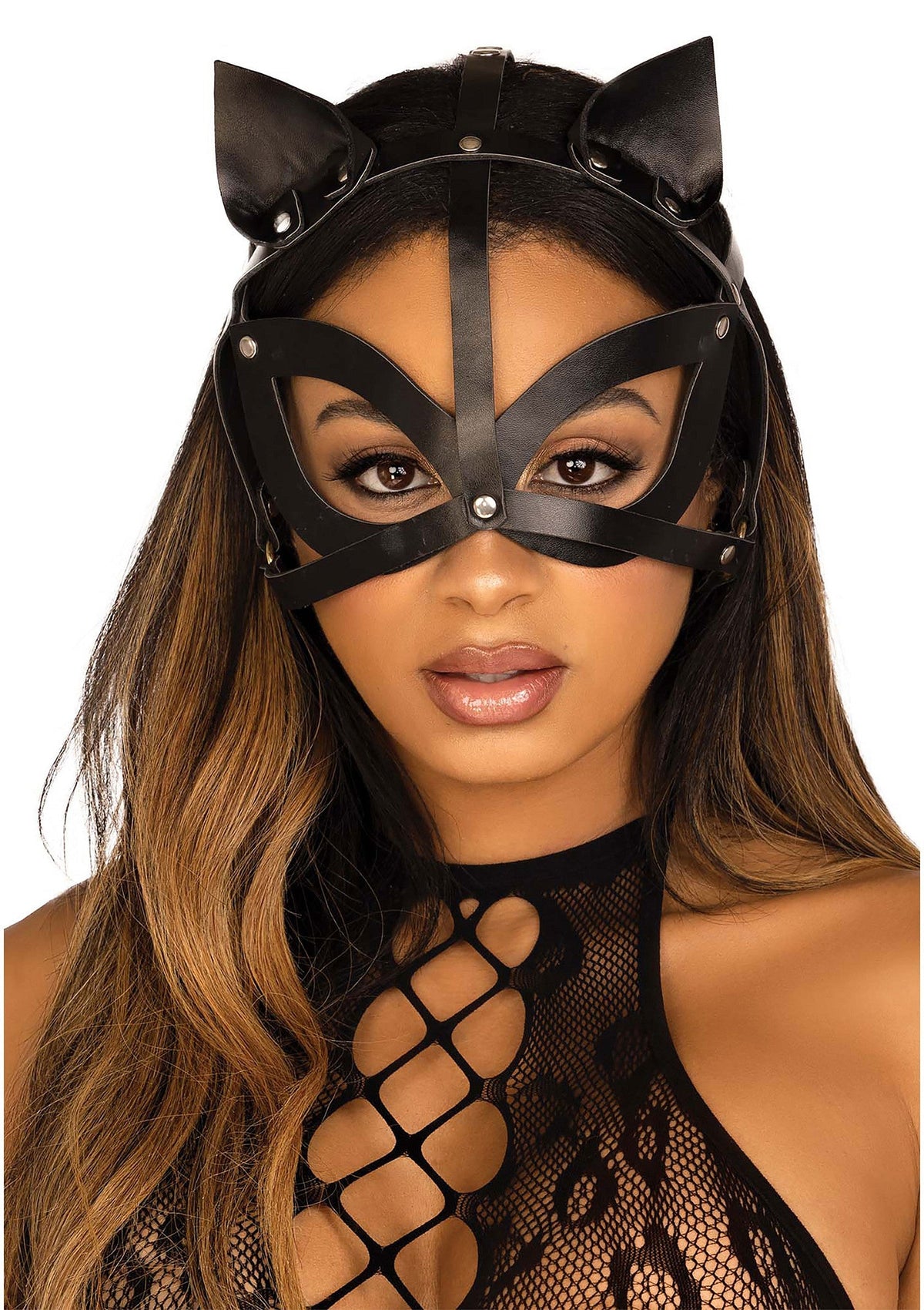 Vegan Leather Studded Cat Mask BLACK O/S - 2