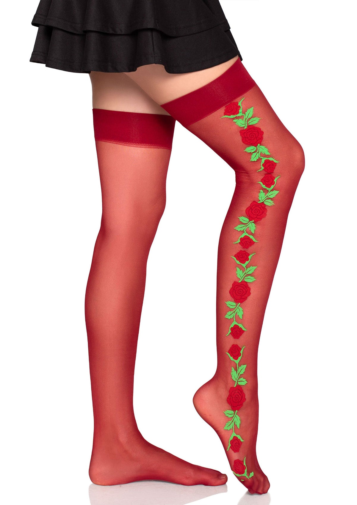Spandex Thigh Highs with Roses RED O/S - 1