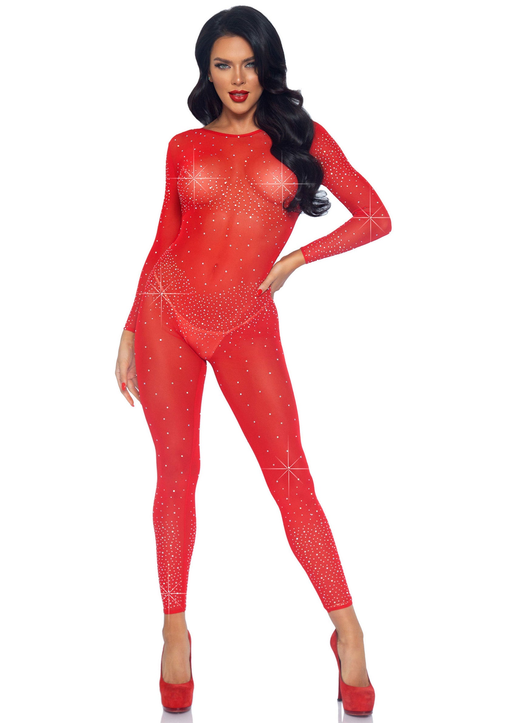 Leg Avenue Sheer Rhinestone Catsuit RED XS - 1