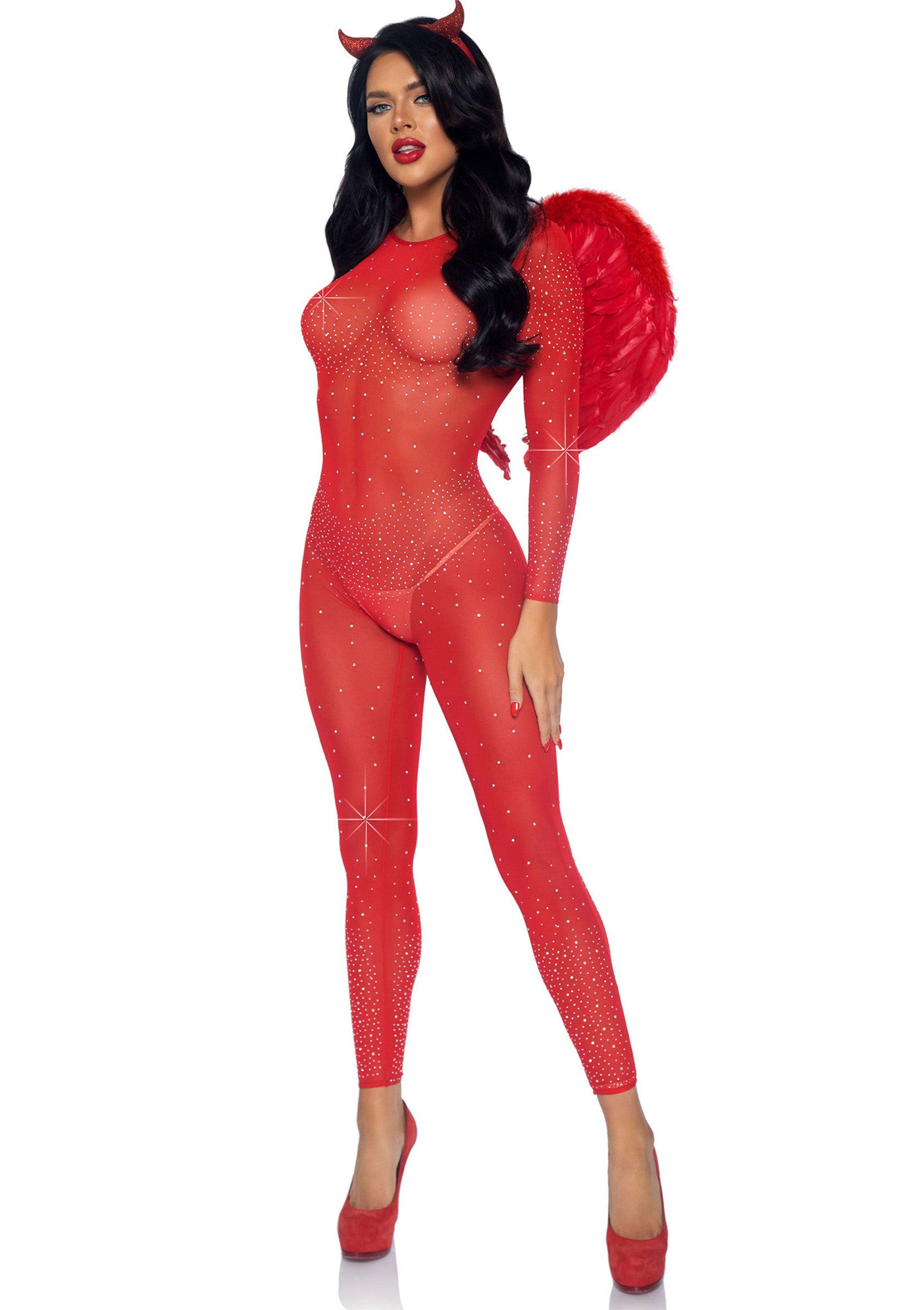 Leg Avenue Sheer Rhinestone Catsuit RED XS - 3