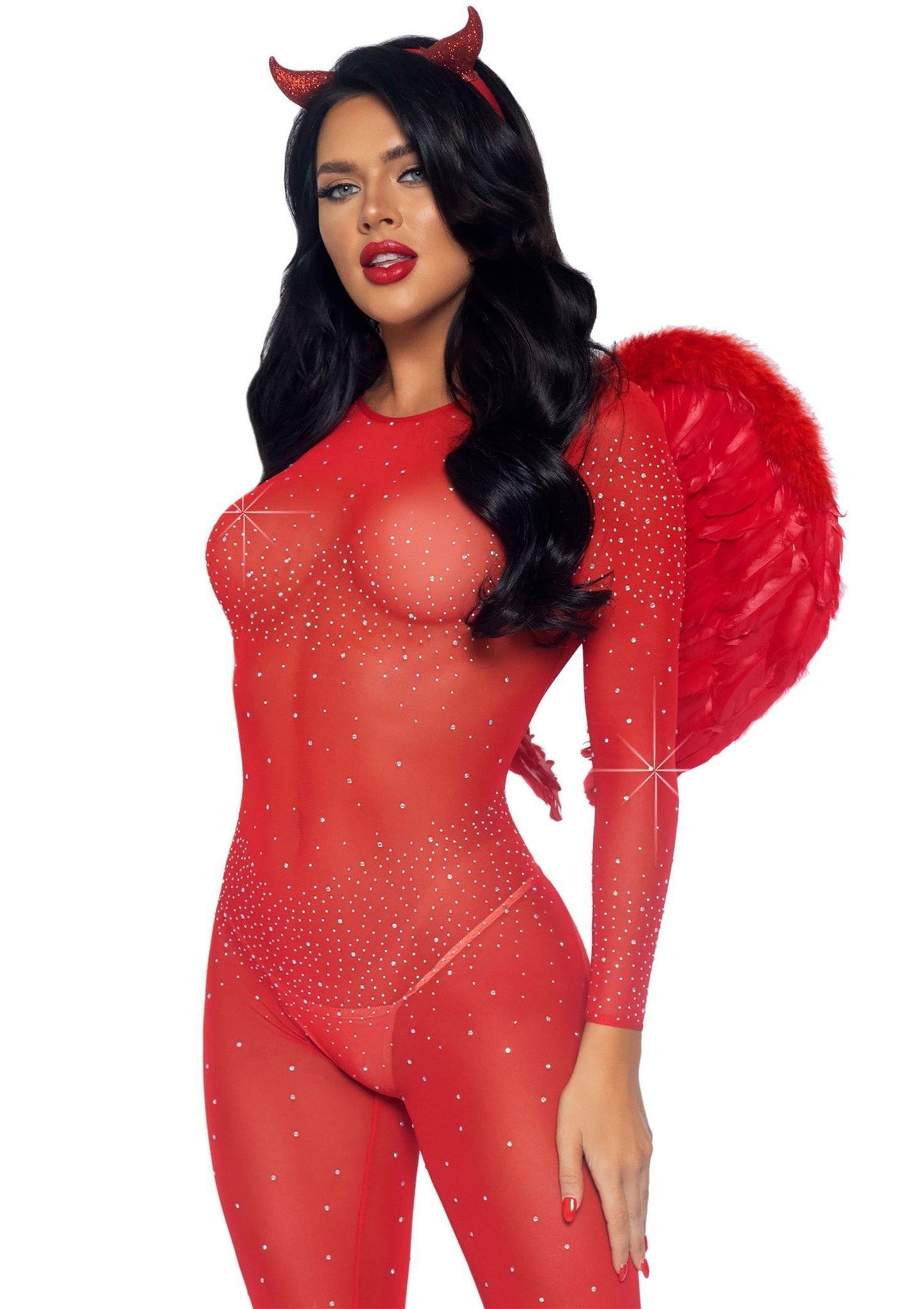 Leg Avenue Sheer Rhinestone Catsuit RED XS - 4